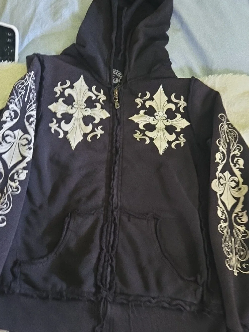Affliction Black Bomber Jacket with Silver Crest and Wing Graphics - Picture 5 of 8